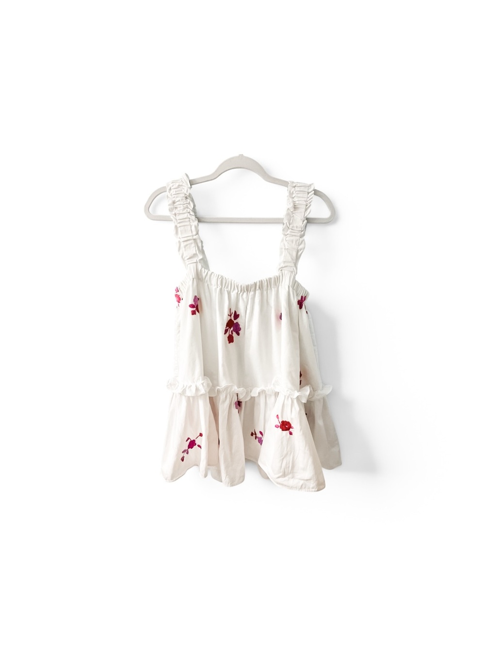 Mi Golondrina White Tank Top with Pink and Red Floral Embroidery